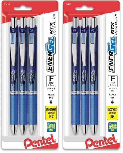 Pentel EnerGel RTX Retractable Liquid Gel Pen,(0.5mm),Fine Line,Needle Tip,Blue Ink,(BLN75BP3C),3 Count (Pack of 2) - color: Blue, size: 3 Count (Pack of 2)