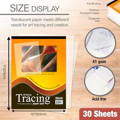 BAZIC Products Tracing Paper Pad, Translucent, 9 x 12 in, 30 Sheets, 2-Pack | acid-free, 30-sheet translucent tracing paper pad, drawing, overlay work - size: 2-Pack