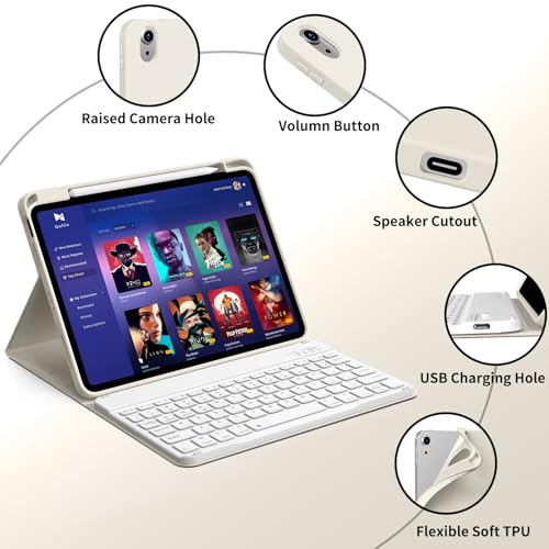 kenke for iPad 11/10th Gen Case with Keyboard 11/10.9 inch 2025 A16/2022, Detachable Wireless Bluetooth Keyboard Case with Bulit-in Pencil Holder, White Square Keycaps (Cream) - color: Cream