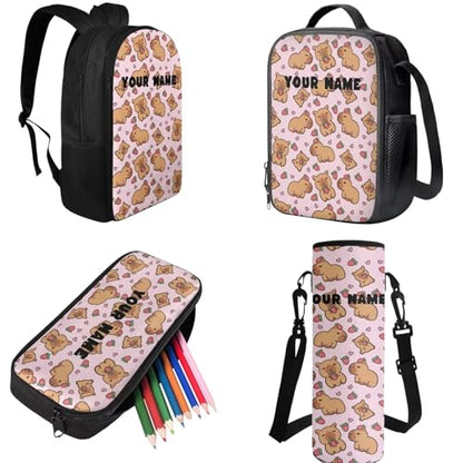 Personalized Capybara Bag,Soft Bookbag School Supplies for Kids Back to School Backpacks for 3rd Grade Boys Custom Name Children's Lunch Box Pencil Case Water Bottle Holder Set of 4 - color: Strawberry Capybara--custom