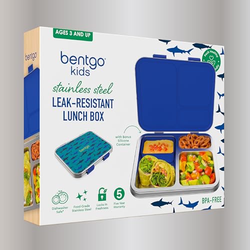 Bentgo Kids Stainless Steel Prints Leak-Resistant Lunch Box - 3-Compartments with Bonus Silicone Container, Durable, Eco-Friendly, Dishwasher Safe, BPA-Free, Ideal for School, Ages 3+ (Shark) - color: Shark