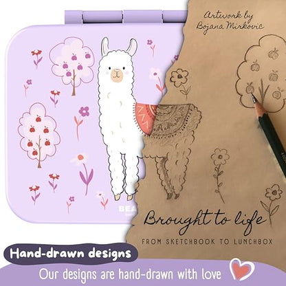 BEARFOOT Kids Lunch Box with Compartments – Compact & Lightweight | Leak-Proof, BPA-Free, Dishwasher Safe | Hand-Drawn Design for Preschool, School, Travel (Llama Purple, 4 Cups) | BPA Free Leakproof Lunch Box with Compartments School & Nursery for Girls