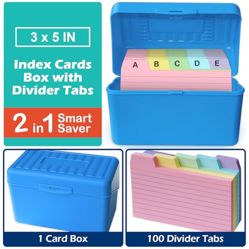 Olivo 3x5 Index Card Holder Box with 100 Cards Dividers Tabs 3"x 5", Blue - color: Blue, size: 3" x 5"