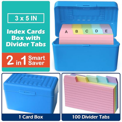 Olivo 3x5 Index Card Holder Box with 100 Cards Dividers Tabs 3"x 5", Blue - color: Blue, size: 3" x 5"