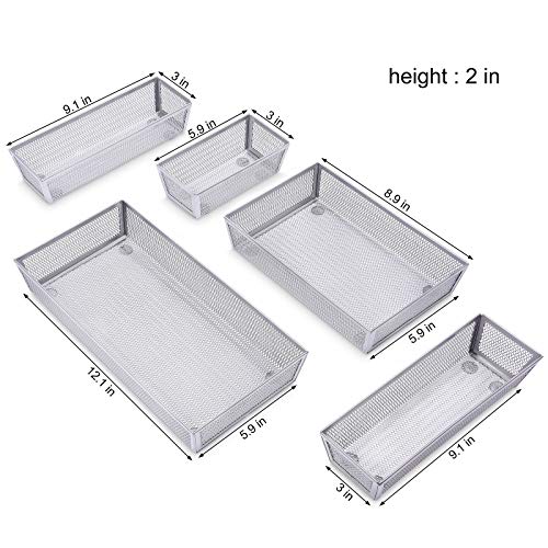 WuGeShop Mesh Silverware Tray Drawer Organizer, Kitchen Utensils Flatware with Anti-slip Mats, Silverware Storage Cutlery Tray for Knives Fork Spoon (5 Separate Compartments, Silver)