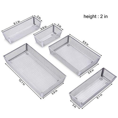 WuGeShop Mesh Silverware Tray Drawer Organizer, Kitchen Utensils Flatware with Anti-slip Mats, Silverware Storage Cutlery Tray for Knives Fork Spoon (5 Separate Compartments, Silver)