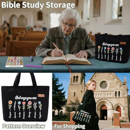 25 PCS Bible Study Supplies Kit, Large Capacity Canvas Tote Bag for Women Organizer, Bible Highlighters and Quick Dry Pens No Bleed Through, Notebook Bible Tabs Cross Bookmark Journaling Accessories - color: Black