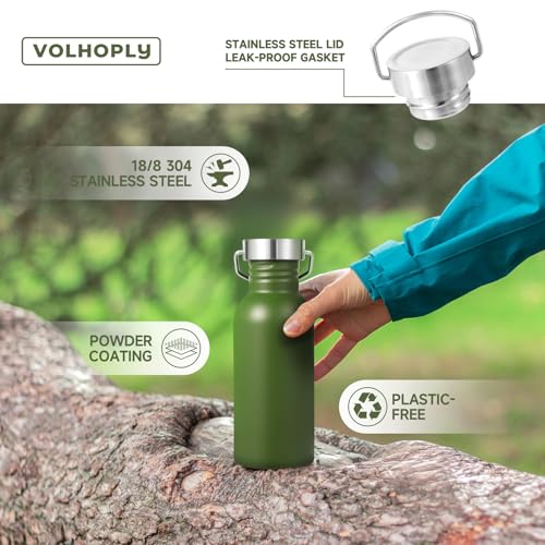 Volhoply 20oz Uninsulated Single Walled Water Bottle, Stainless Steel Reusable Water Bottles with Handle & Carabiner, BPA Free 18/8 304 Sports Water Bottles for Camping Hiking（Army Green,1） - color: Army Green
