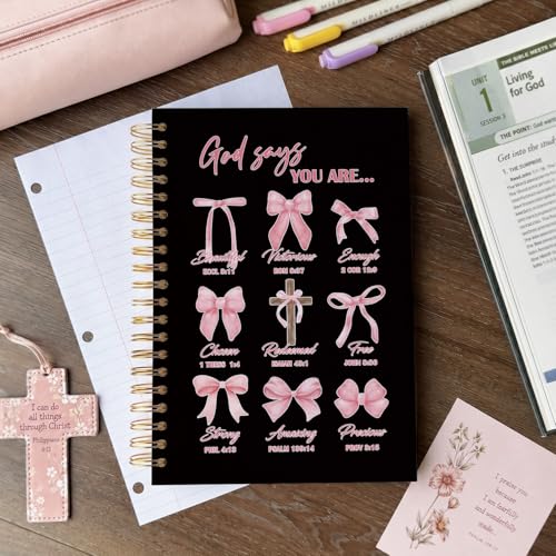 VONTP Bible Black Bow Christian Notebook Journal for Women, 5.5 x 8.3 Inch | Christian Girl Energy Journal, Christian Study Notebook, Cute Preppy Bible Study Spiral Notebook for Bible Notes - color: 001-Black