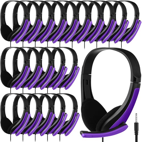 Yunsailing 20 Pack Bulk Classroom Headphones with Microphone Students Wired School Class Set Headphones for School Library Computer Office Adults 3.5 Jack Universal Plug(Purple) - color: Purple