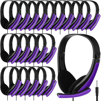 Yunsailing 20 Pack Bulk Classroom Headphones with Microphone Students Wired School Class Set Headphones for School Library Computer Office Adults 3.5 Jack Universal Plug(Purple) - color: Purple