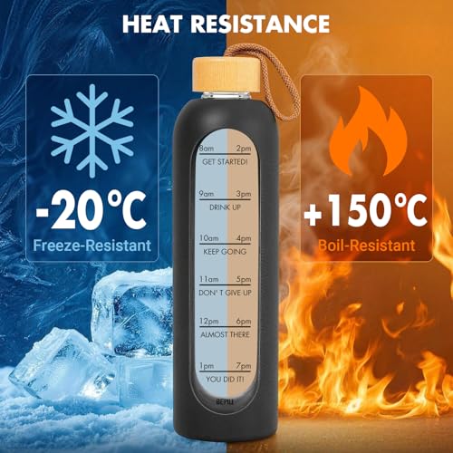 32 OZ Glass Water Bottles, Borosilicate Glass Bottle with Time Marker, 1 Liter Leak Proof Reusable BPA Free Motivational Water Bottles with Silicone Sleeve and Bamboo Lid (Black) - color: Black