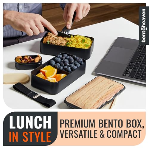 Bentoheaven Bento Box Adult, Stackable Lunch Box, 40 oz, Symph Onyx | BPA-free, leakproof and microwave-safe with 2 compartments, utensils, chopsticks, divider and sauce cup for men and women. - color: Symph-Onyx