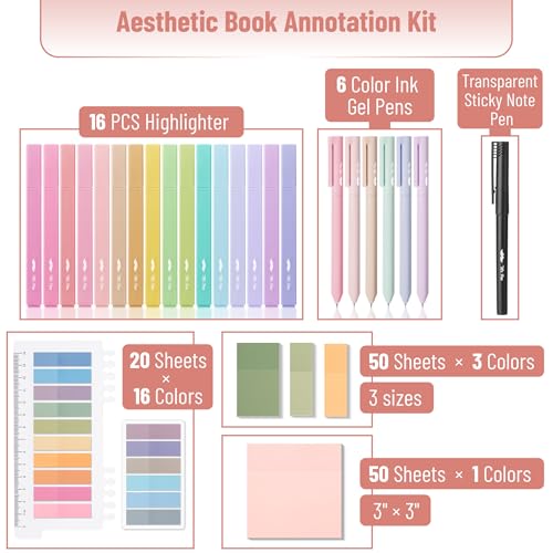 Mr. Pen- Aesthetic Book Annotation Kit, 16 No Bleed Aesthetic Highlighters | 6 Colored Ink Gel Pens, 700 Sheets Transparent Sticky Notes & Tabs for Study, Bible Journaling, Planner, Office Supplies