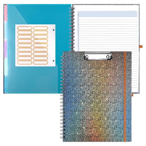 Glitter Clipboard Notebook with Storage for Letter Size, 8.5 x 11 Notepad Holder with 5 Folders and Dividers, Size 12.8X 9.7 in, Spiral Portfolio for Nursing Teacher School Supplies,Black - color: Black