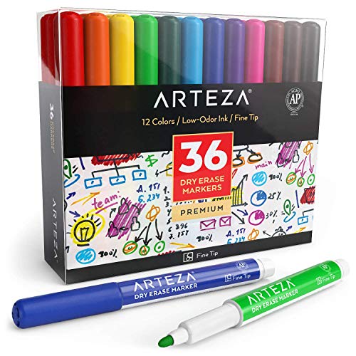 ARTEZA Dry Erase Markers Fine Tip, Bulk Pack of 36 Low-Odor Whiteboard Pens, 12 Assorted Colors for Office, Meeting Rooms & Daily Planning - size: 1 Count (Pack of 36)