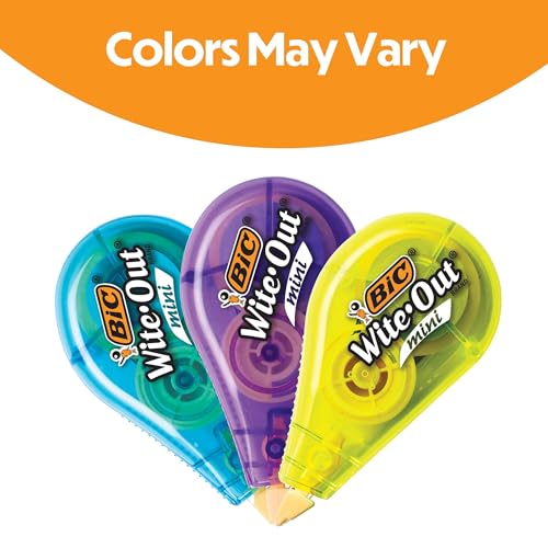 BIC Wite-Out Mini Correction Tape, White, No Dry Time, Long Lasting, 12-Count (Tape Body Colors May Vary)