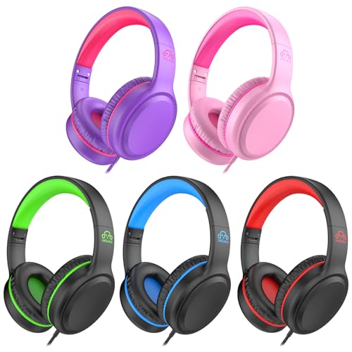 UKELALA 5Pack Bulk Wired Headphones for Kids Stereo Lightweight Youth Headphones with 4.9 ft NO-Tangle Cord & 3.5mm Jack Compatible with chromebooks PC Phone for School Green Blue Red Pink Purple - color: 5 Color Mix