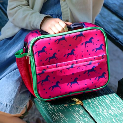 Yumbox Kids Insulated Lunch Bag with Bottle Holder, Horses Print | Holds Lunch Box & Water Bottle | 3 Ways to Carry | Interior Zipper Pocket | Insulated EVA Lining | Wipe-Clean Fabric - color: Horses