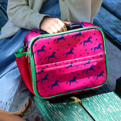 Yumbox Kids Insulated Lunch Bag with Bottle Holder, Horses Print | Holds Lunch Box & Water Bottle | 3 Ways to Carry | Interior Zipper Pocket | Insulated EVA Lining | Wipe-Clean Fabric - color: Horses
