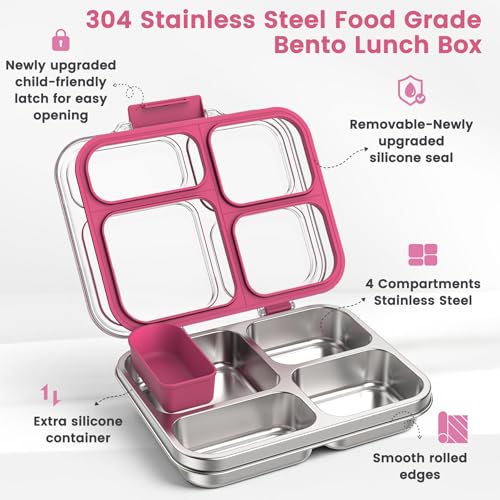 Stainless Steel Bento Box for Kids Adults with Silicone Container, Leak Proof 4 Compartments Metal Lunch Box, Removable Silicone Seal & Clear Lid Food Container for School Office, BPA-Free(Pink) - color: Pink