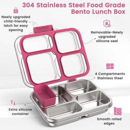 Stainless Steel Bento Box for Kids Adults with Silicone Container, Leak Proof 4 Compartments Metal Lunch Box, Removable Silicone Seal & Clear Lid Food Container for School Office, BPA-Free(Pink) - color: Pink