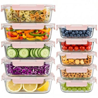Dealusy 10 Sets (20-Piece) 36 oz & 12 oz Glass Food Storage Containers with lids, Airtight Leak-proof Glass Meal Prep Containers with Lids, Microwave Oven Freezer Dishwasher Safe, Pink - color: Pink