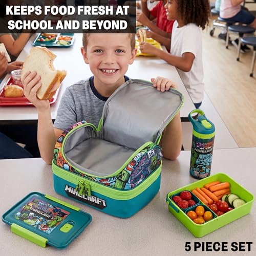Get Trend Minecraft Kids Lunch Box 3 Pc Set with Insulated Lunch Bag, Bento Box with Two Mini Pots & 20 fl oz Water Bottle with Straw for School, Picnic, Creeper Gamer Gifts for Boys (Multi Minecraft) - color: Multi Minecraft