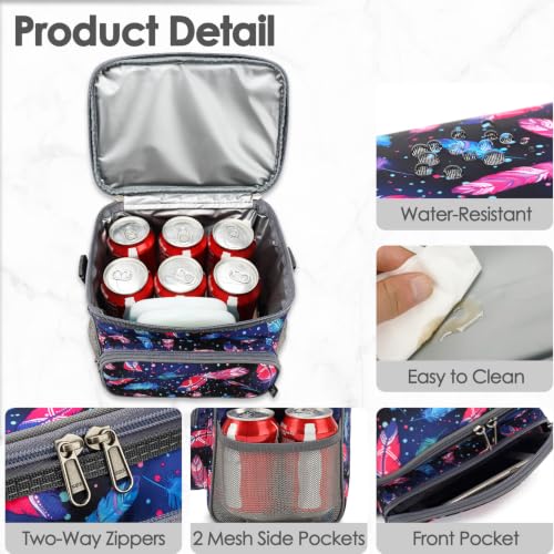 FlowFly Insulated Reusable Lunch Bag Adult Large Lunch Box for Women and Men with Adjustable Shoulder Strap,Front Zipper Pocket and Dual Large Mesh Side Pockets,Feather - color: Feather