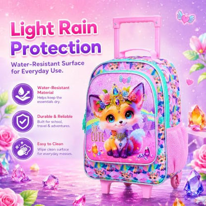 3Pcs Rolling Backpack for Girls, Kids Roller School Backpack with Wheels, Fox Wheeled Bookbag for Elementary Preschool Kindergarten(Pink) - color: Fox Yellow