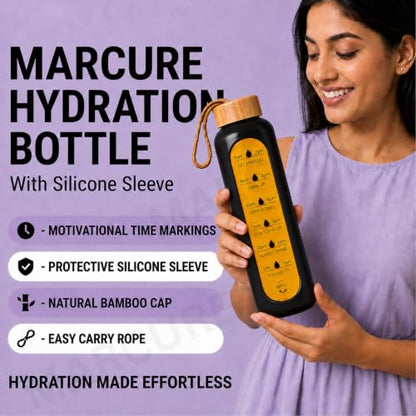 1 Litre Borosilicate Glass Water Bottle, Motivational Hydration Tracker Bottle with Bamboo Lid, Protective Silicone Sleeve | Reusable Bottle, Leak-Proof, BPA-Free, Time Marker, Black - color: Black