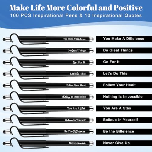 Sayglossy 100 Pcs Inspirational Pens Bulk Motivational Ballpoint Pen with Writing Touch Screen and Mobile Phone Stand 3-in-1 for Office School Supplies Inspirational Gifts (Black) - color: Black