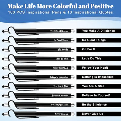 Sayglossy 100 Pcs Inspirational Pens Bulk Motivational Ballpoint Pen with Writing Touch Screen and Mobile Phone Stand 3-in-1 for Office School Supplies Inspirational Gifts (Black) - color: Black