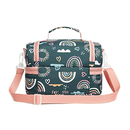 Insulated Kids Dual Compartment Lunch Bags Tote Pack for Girls Boys Toddler Kindergarten School Picnic Cooler Thermal Lunch Boxes with Strap (Green Rainbow) - color: Green Rainbow