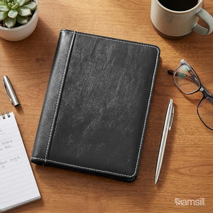Samsill Mini Faux-Leather Padfolio, 5 x 8 Writing Pad, Compact Business Portfolio with Business Card Display Pocket, Contrast Stitch, Black - color: Black