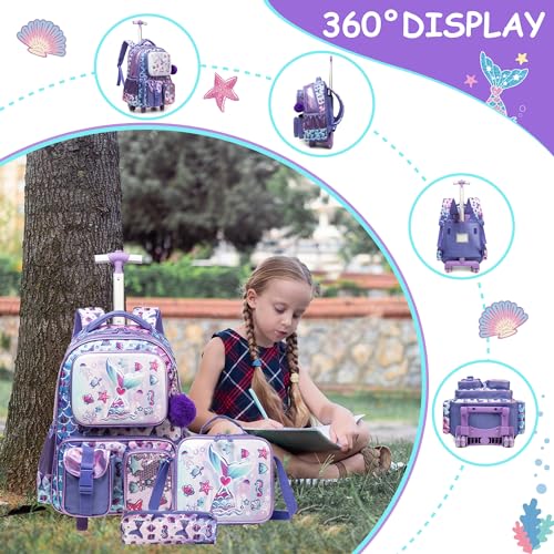 Meetbelify Mermaid Rolling Backpack with Wheels for Girls Rolling Backpacks with Lunch Box for Elementary School Students 3 in 1 Kids Travel Luggage Suitcase for Girls Age 8-10 - color: Girl 05