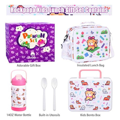 rockpapa Kids Lunch Box Set with 14oz Insulated Water Bottle & Lunch Bag, Leakproof 5.5 Cups Bento Box for School & Children, BPA-Free, Microwave Safe for Boys Girls (White Pets) - color: White Pets