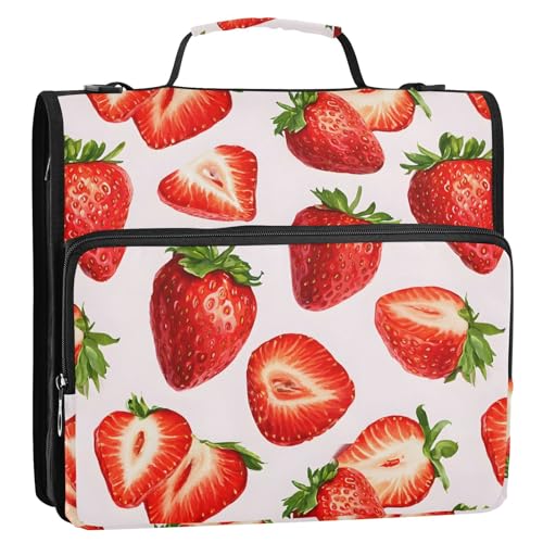3 Ring Zipper Binder Red Strawberry Binders Bag with Shoulder Strap 500 Sheets Paper Organizer Trapper Keeper Documents Storage File Folder for School Office - color: A421