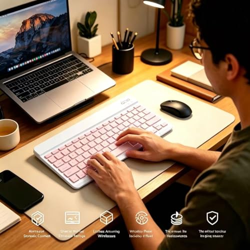Mini Bluetooth Keyboard, Small Portable Wireless Rechargeable Keyboard with 7-Color RGB Backlit for iPad iPhone Android Samsung Tablet Smartphone((Pink) - color: Pink
