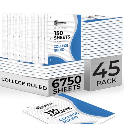 Rosmonde Bulk Loose Leaf Paper, 6750 Sheets, College Ruled, Bulk Filler Paper for Office, 8 x 10.5", 3 Hole Punched, Filler Notebook Paper, 45 Pack, 150 Sheets/Pack, Bulk Supplies for School, White - size: 45 Pack