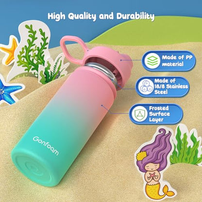Gonfoam 16oz Kids Water Bottle, Stainless Steel Insulated Cup | DIY Stickers, BPA-free, Leak-proof, Sturdy, Keeps Cold 24h, Easy to Carry, Easy to Clean, Back to School, Gifts - color: Pink and Green