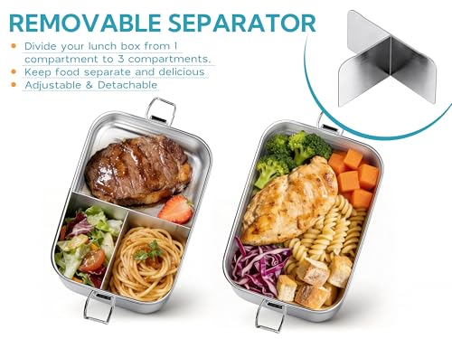 E-far Stainless Steel Lunch Box, 49oz Metal Bento Box Lunchbox w/Leak Proof Lid, 1400ml Medium Food Container w/Removable Divider & Bag, Reusable 3-Compartment Bento Lunch Container for Camping Picnic - size: 1400ML + Cloth bag