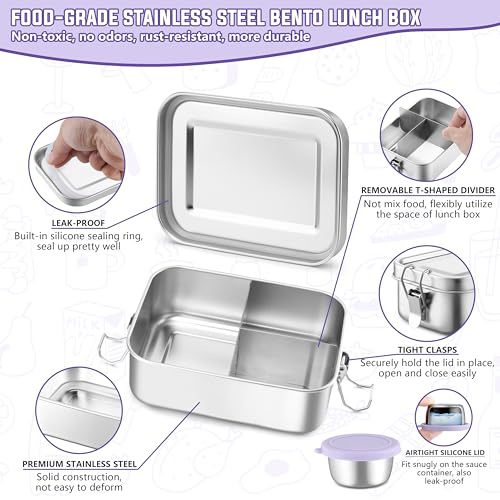 HaWare Stainless Steel Lunch Box, 29oz (850ML) with Divider | 3 Compartment, Condiment Container Included, Carrying Bag Included, Leak-Proof, Dishwasher Safe - color: Lilac Purple, size: 29oz-(850ml)