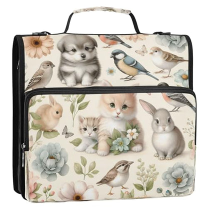 Kigai Cute Animals 3 Ring Zipper Binder with Handle & Shoulder Strap Expanding File Multiple Pockets Binder Organizer