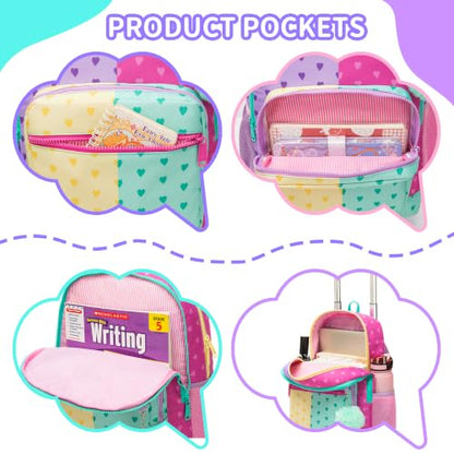 Girls Rolling Backpack with Wheels,Kids Backpack with Wheels Girls Large Capacity School Trolley Bookbag for Elementary Travel & Daily Use - color: Purple Pink Love