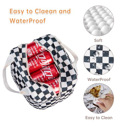 Lunch Bag for Women Men - Reusable Insulated Lunch Box with Handle, Leakproof Checkered Design for Office, School, Picnic - color: White-Black-Grid
