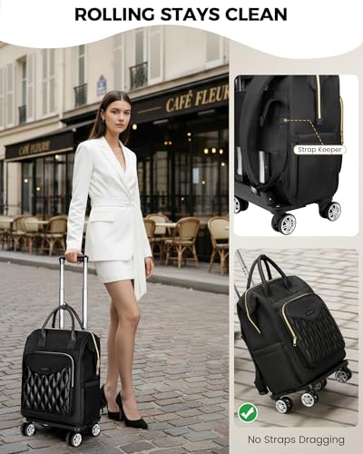 Ytonet Rolling Backpack for Women, 15.6 In Rolling Travel Backpack with 4 Spinner Wheels, Carry On Rolling Laptop Bag with Detachable Trolley, Stylish Wheeled Backpack for College Business Work, Black - color: Black