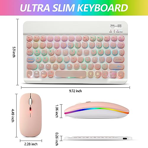 Bluetooth Keyboard and Mouse Combo for iPad - Rechargeable Wireless Keyboard & Mouse with 7-Color Backlit Compatible with iPad 9th/8th Gen, iPad Pro/Air/Mini, iPhone14/13/12 Pro, Round Keys Pink - color: pink