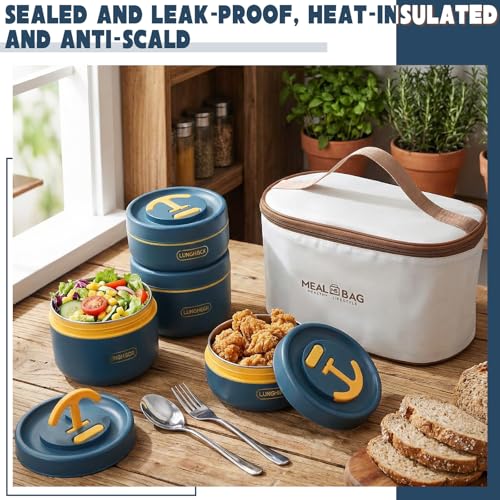 Dandat 4 Pcs Insulated Lunch Container, Portable Bento Box, Stainless Steel Lunch Box, Round Stackable Leakproof Thermal Food Container for Adult Men Women with Insulated Bag, 74 oz(Royal Blue) - color: Royal Blue
