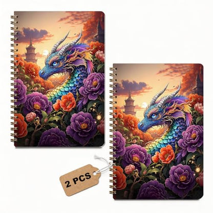 2 Pcs Fantasy Dragons A5 Spiral Notebook, 160 Pages Dragon Journal Notebook | Spiral Notepad, College Ruled Notebooks, Hardcover Notebooks Journal for Writing Work Office, Dragon Lover Gifts for Women - color: Multicolour 0009